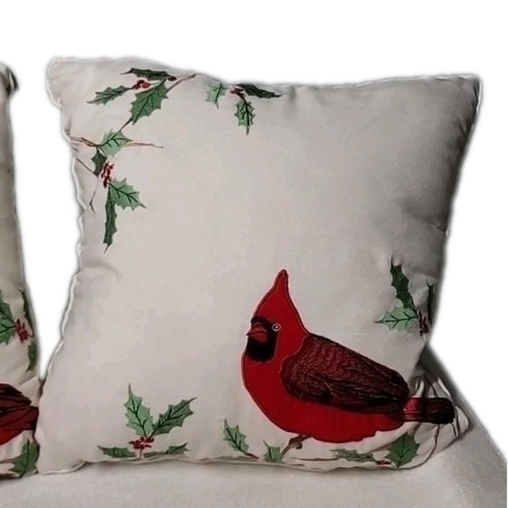 Cardinal Holly Pillow Square With Embroidered Holly And On Bird Bone Color Set 2